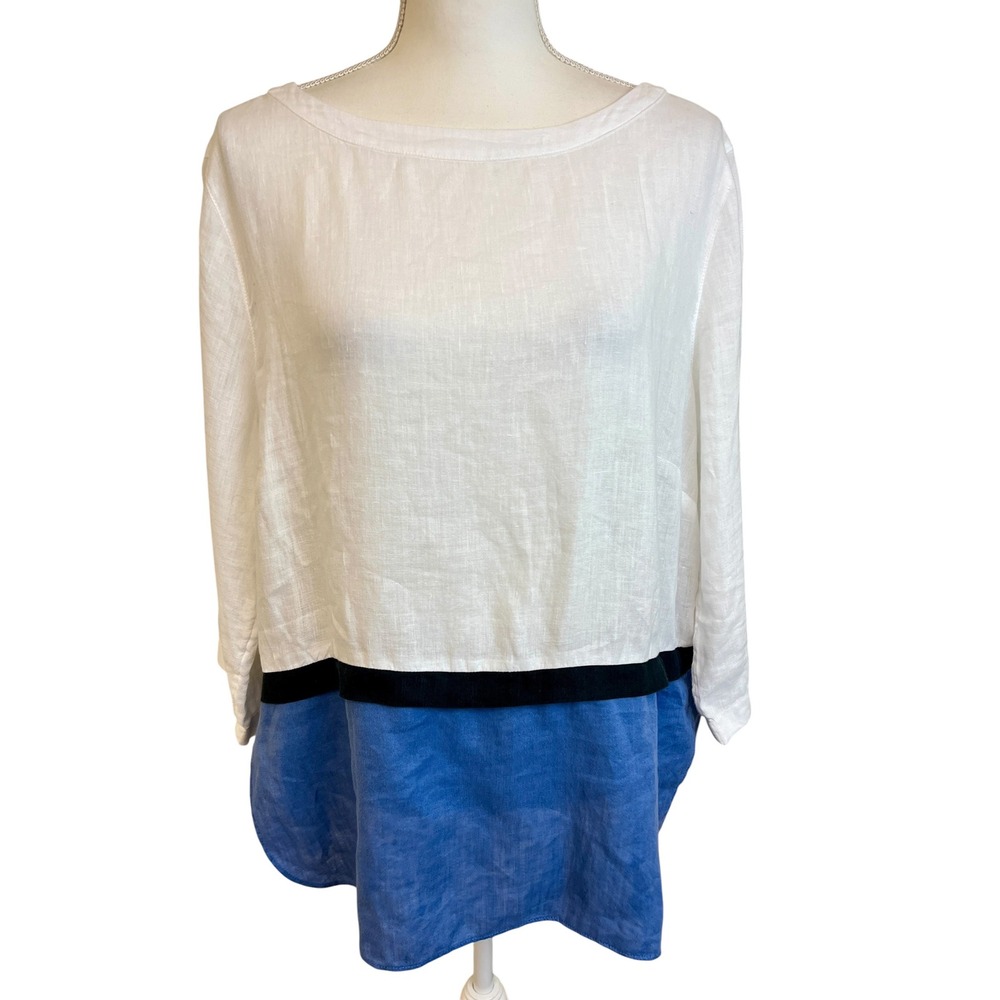 J JILL Linen Colorblock Tunic Top Women Sz L White Blue Coastal Casual Beachy - Picture 7 of 12